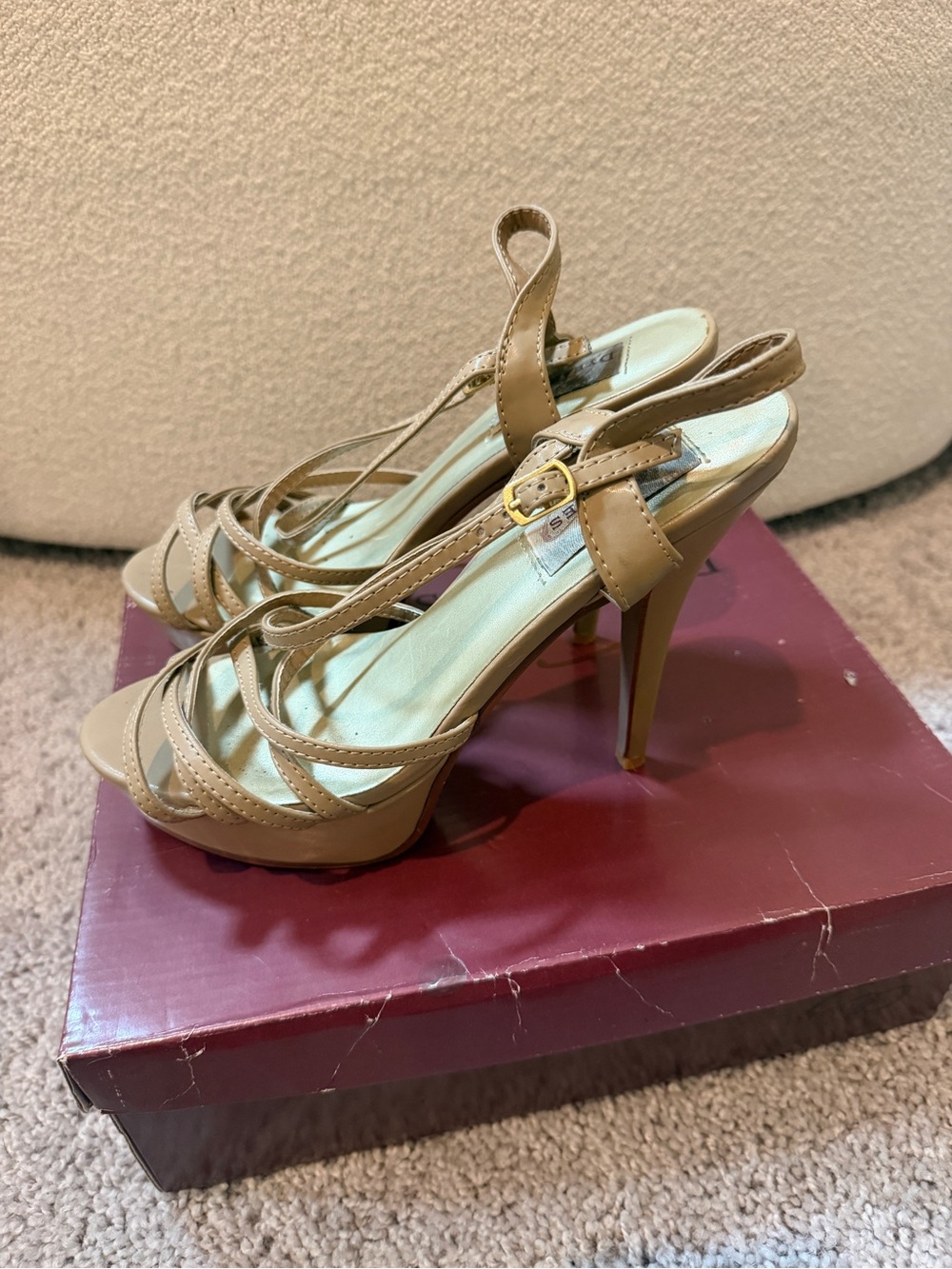 Beige Strappy pageant High Heel Sandals with Buckle